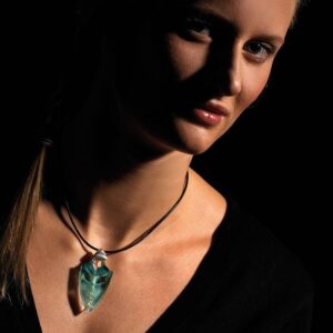 Fortuna glass face necklace hand painted on leather string with silver fittings and engraved designed by Maleras